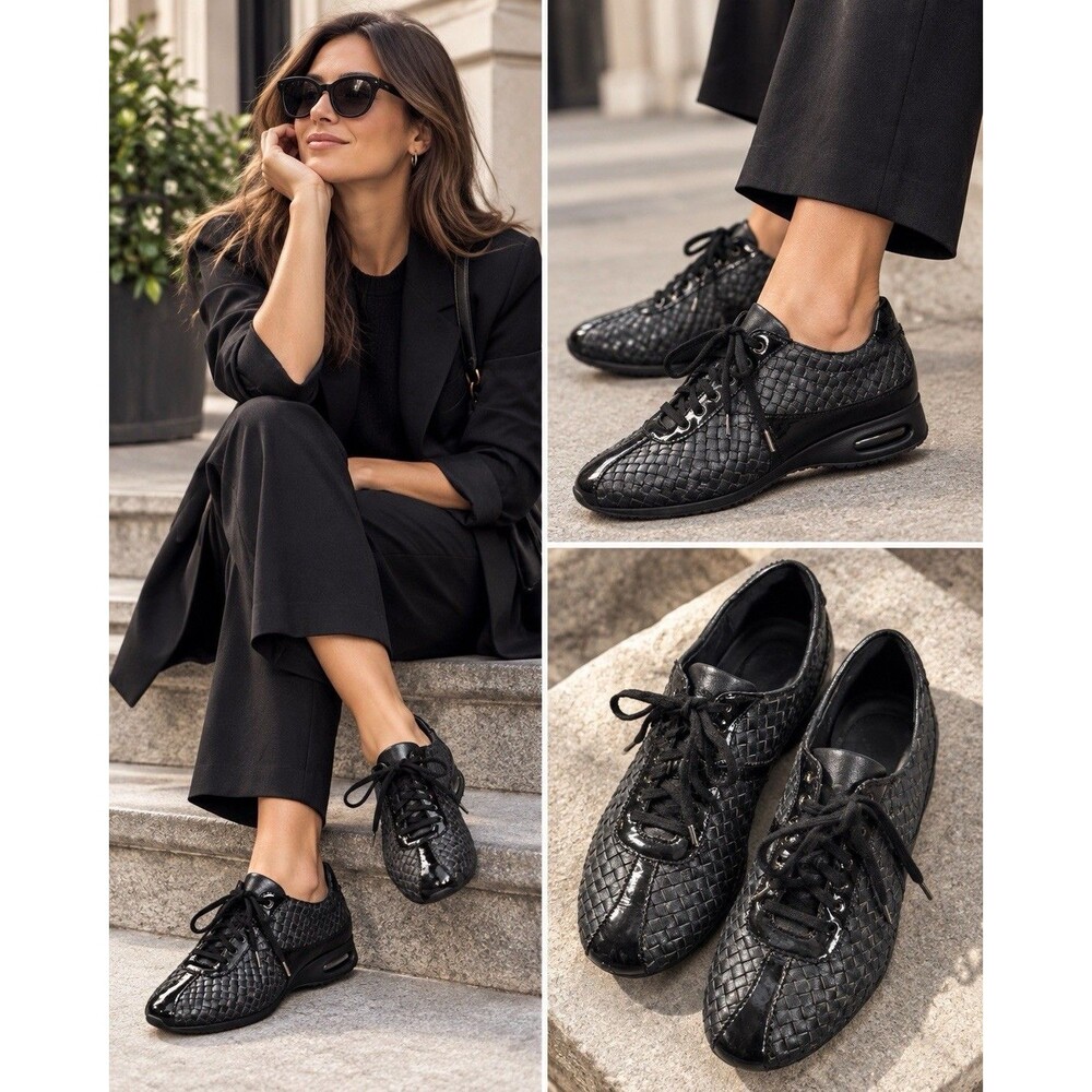 Black Woven Leather Lace Up Shoes Women’s 8M Patent Trim Comfort Sneaker